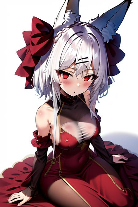 fox ears, red eyes, white hair, white background, hairclip, medium breasts, dress,, masterpiece, best quality,