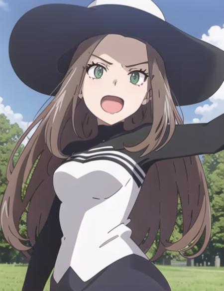 <lora:BeautyMasters:0.7> BeautyMasters, 1girl, solo, open mouth, hat, upper body, outdoors, sky, day, nail polish, tree, black headwear, outstretched arm, anime coloring