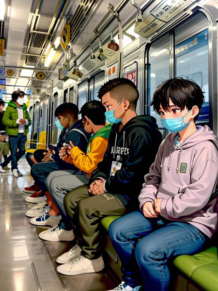 masterpiece, best quality, ultra-detailed, illustration,
JNR205, train interior, indoors, scenery, multiple boys, sitting, 6+boys, multiple girls, mouth mask, mask, bag, black hair, sleeping, train station, hoodie, 6+girls, short hair, indoors, hood, pants, backpack, brown hair, standing, jacket, holding
 <lora:JRE205_test4:1:XYZ>