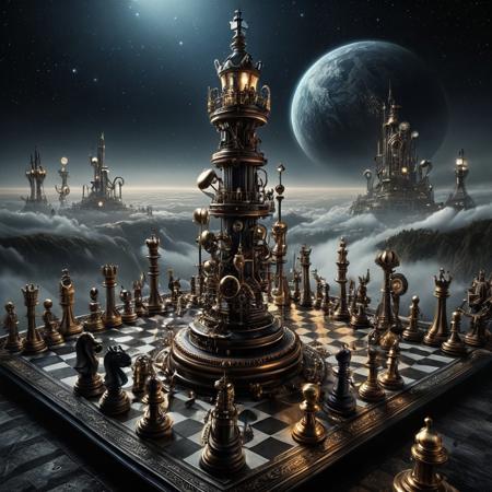 This steampunk digital artwork features a surreal and futuristic chess scene. The central focus is a colossal king chess piece, intricately designed with a metallic and mechanical texture, standing prominently on a vast black and white chequered plain. Other chess pieces are scattered across the landscape, appearing smaller in comparison to the central king. In the background, tall fantastic mechanical structures, dot the horizon. A giant ringed planet casts its light giving a colour scheme dominated by shades of blue and black, creating a cosmic and otherworldly atmosphere. The image combines steampunk with elements of science fiction and fantasy