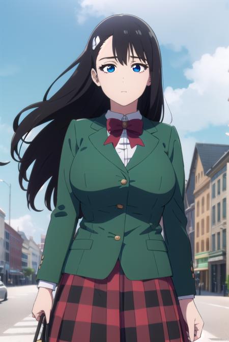 noelniihashi, <lora:noel niihashi anime-lora-nochekaiser:1>,
noel niihashi long hair, blue eyes, black hair, hair ornament, hairclip, (large breast:1.2),
BREAK skirt, shirt, long sleeves, bow, school uniform, jacket, white shirt, pleated skirt, collared shirt, bowtie, red bow, plaid, capelet, blazer, green skirt, green jacket,
BREAK outdoors, city, sun, sky, clouds,
BREAK looking at viewer, (cowboy shot:1.5),
BREAK <lyco:GoodHands-beta2:1>, (masterpiece:1.2), best quality, high resolution, unity 8k wallpaper, (illustration:0.8), (beautiful detailed eyes:1.6), extremely detailed face, perfect lighting, extremely detailed CG, (perfect hands, perfect anatomy),