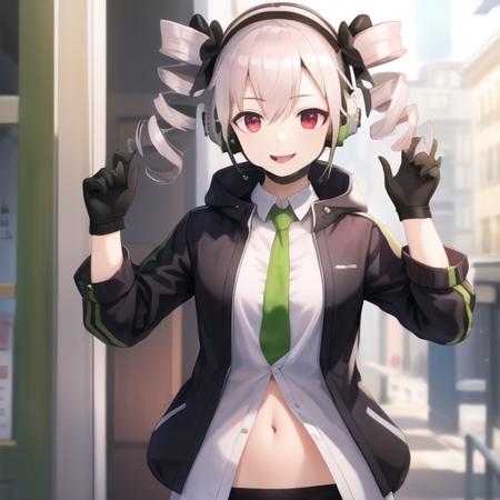 (masterpiece, best quality:1.2),illustration,8k,hd,1girl,solo,upper body,(portrait:1.2),bangs,bike_shorts,black_gloves,black_jacket,collared_shirt,drill_hair,green_necktie,hair_ribbon,headset,hood_down,hooded_jacket,long_hair,navel,open_clothes,open_jacket,open_shirt,red_eyes,ribbon,smile,white_hair,white_shirt,<lora:PP90>,