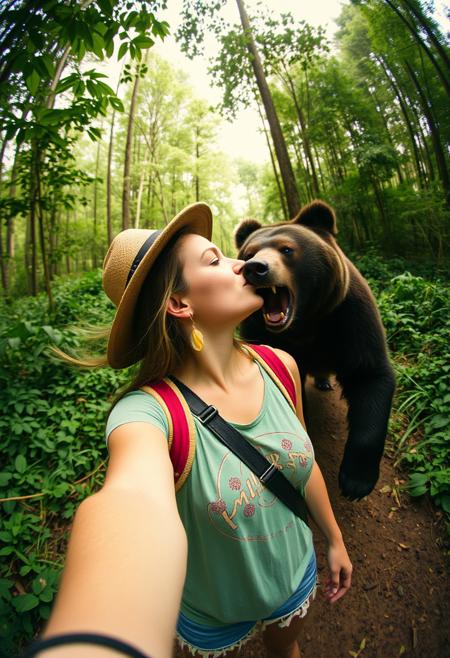 kodak medium format film grainy soft focus Selfie, fisheye lens, photorealistic girl traveler kissing angry bear and running : in the background, angry bear, jungle