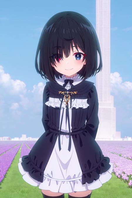 <lora:shiina_tsumugi-10:0.8>, shiina_tsumugi, 1girl, bangs, blue eyes, red eyes, eyes visible through hair, hair between eyes, heterochromia, short hair, black hair, standing, hair over one eye, long sleeves, frilled dress, black dress, black thighhighs, cowboy shot, arms behind back, masterpiece, smile, ((upper body)), outdoors, facing viewer, flower field,