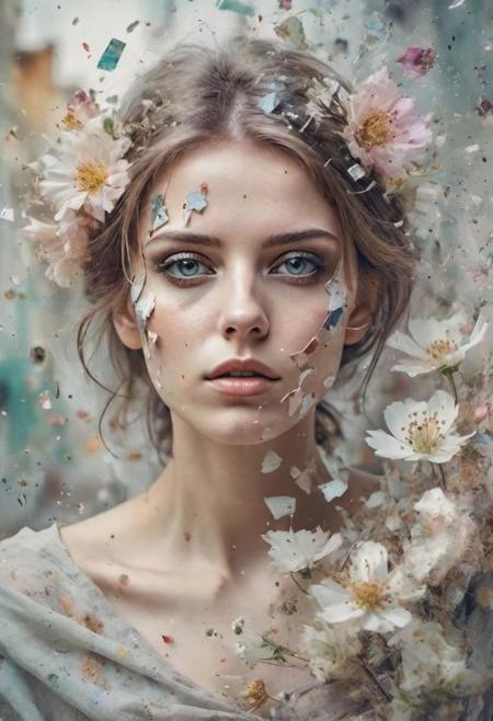 in abstract fashion portrait captured a very beautiful realistic polish woman with normal eyes and delicate beauty, wrapped in flowers with pale color tones and faded paint, metallic colors and particles of broken glass flying in the air in the background