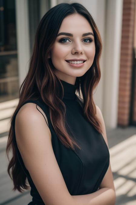 (best quality, masterpiece),<lora:misscoookiezv1:1>
1girl, solo, long hair, looking at viewer, smile, dress, upper body, sleeveless, black dress, lips, realistic
, 8k uhd, dslr, soft lighting, high quality, film grain, Fujifilm XT3