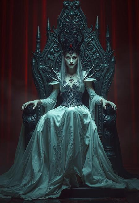 Beautiful full-length queen of darkness sitting on a throne, mystic, dark fantasy, realistic photo, high detail, digital painting, cinematic, stunning, hyper-realistic, sharp focus, high resolution 8k, insanely detailed