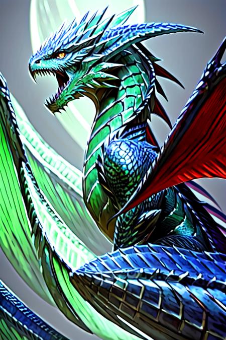 dragon, agel, angel wings, feathers, blurry background, no humans, fangs, open mouth, realistic, scales, teeth,  green theme, cropped, <lora:Dragon_V1:1>