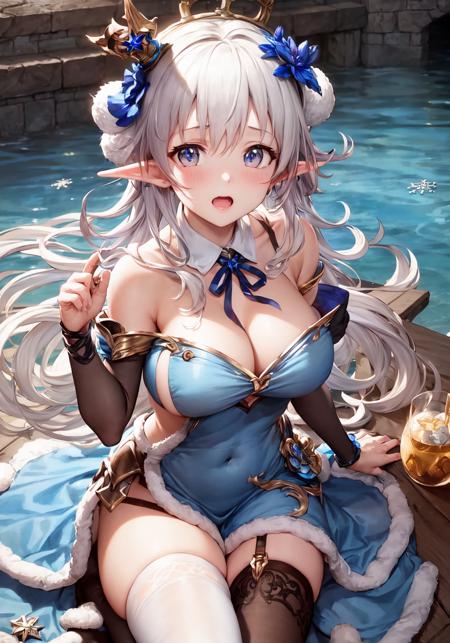 a beautiful masterpiece portrait of (Piercye24:1.0) standing, 1girl, (highres, 4k,) realistic, hyperrealistic, ((official art, game cg, cygames, shadowverse)), expressive face, realistic face, cute face, long hair, wide hips, narrow waist, textured clothing, textured skin, cinematic lighting, ultra-detailed, (empty eyes, detailed eyes:1.0), expressive face, realistic face, ((nose)), blush, ((medium breasts)), (cute), (best quality), (ultra-detailed), cinematic lighting, photorealism, realistic, hyperrealistic, hyperrealism, (textured), (intricate detail), (cygames), (shadowverse), (shingeki no bahamut), (official art), (game cg), 1girl, ((thighhighs)), cleavage, bell, flower, blush, bangs, ((((dress)))), ribbon, blue eyes, long hair, messy hair, sidelocks, detached sleeves, bare shoulders, fur trim, ((white thighhighs)), white hair, crown, ((mini crown)), hair between eyes, (pom pom \(clothes\)), blue flower, grey hair, ((((blue dress)))), (elf:1.0), tareme, hair flower, frills, ribbon trim, frill trim, gold trim, faulds, gem, blue gemstone, halterneck, wing collar, bracelet, snowflake, (nose), [hime cut], pelvic curtain, tabard, side slit, bridal gauntlets, cleavage cutout, (3d:0.5), beautiful face, detailed face, ,feet, no shoes, toned, skinny skindentation, round teeth, open mouth, (covered navel:1.2), tight, skintight, upskirt, eye focus, breast focus, thigh focus, detailed beautiful eyes, expressive face, single thighhigh, uneven legwear, asymmetrical legwear,