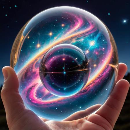 A mesmerizing scene capturing the vastness of space, studded with twinkling stars, swirling galaxies, and vibrant nebulas, all encapsulated within a transparent glass orb. A sleek and futuristic UFO hovers within this miniature cosmos, its metallic surface reflecting the myriad colors of the universe around it. The glass orb should be crystal clear, allowing a full view of the cosmic wonders and the spaceship inside, and possibly reflecting lights or the environment around it. The setting can be neutral to emphasize the orb and its contents. The photograph's quality should be of high resolution, ensuring every detail, from the intricate patterns of the galaxies to the design of the UFO, is captured with sharpness and clarity.,dishclothball ,<lora:gball:0.55>