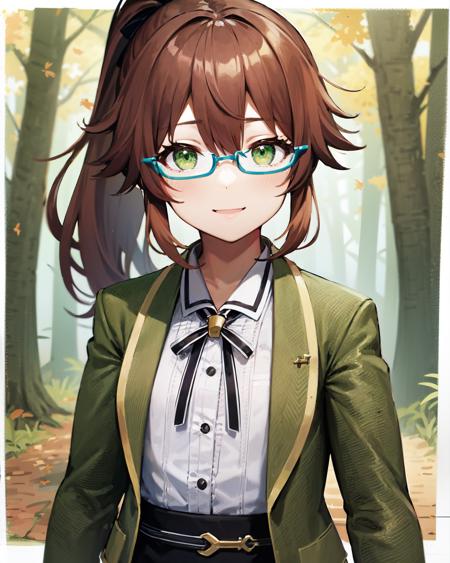 best quality, (masterpiece:1.2), illustration, absurdres,
(1girl), (solo), (beautiful detailed girl),  (upper body, portrait),
<lora:TowaKuro2-06:1>, Towa Herschel, brown hair, ponytail, hair ribbon, green eyes, petite, small, short, flat chest, small breasts,
blue glasses, green jacket, white shirt, black neckwear, black pants, green shoes
looking at viewer, smile,
in a forest, autumn colors, leaves, trees,