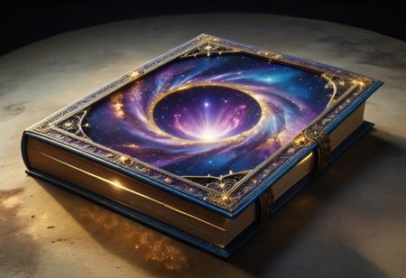 lazypos
An ancient, thick tome bound in deep cosmic blue leather lies at an angle atop several loose, aged paper sheets, set against a neutral beige background, the book's cover features an illustration of deep space filled with dense white stars, at its center is a large, irregular opening framed by jagged, dark metallic spikes, within it a swirling vortex of purple cosmic energy glows brightly, radiating mystical light, the corners of the cover are reinforced with worn, simple geometric plates, yellowed, slightly uneven pages peek from the tome's edge, faint ink splatters mark both the background and the aged sheets, illustration, cinematic angle, hyper-detailed, hyperrealistic texture, warm dramatic lighting on pages, ethereal mystical glow from central vortex, fluid swirling energy, gradients in cosmic hues, dynamic composition, organic feel of aged paper, sparkles within the nebula, film grain, light dust, vintage effect, light particles emanating from the portal, fantasy genre, vintage artifact aesthetic, magical aura