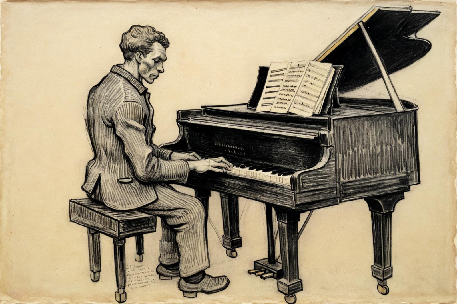A man playing a piano with sheet music in front of him.
