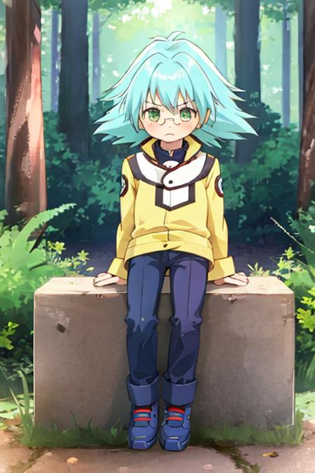 1boy, child, marufujisho, blue hair, short hair, bangs, green eyes, circular glasses, yellow jacket, pants, frown, sitting, forest <lora:marufuji_sho:1>