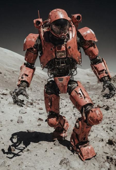 fisheye lens (fisheye view) photograph, ((Devil-Mech robotic assasin warrior on the moon)), militaristic echo image, blood splatters, emblem, echo image, sidelit, masterpiece from a different dimension, film grain, noise offset,  <lora:add-detail-xl:1>  candid photography, Getty Images quality photograph, cute and endearing photograph contrasted by violent mania , double exposure, multiple-exposure photograph, UHD, very slow shutter speed to capture motion, experimental coloured lighting, experimental angles, strong fisheye-lens/ intense fisheye-view photograph, intricately detailed, very detailed background, realisticvision-negative-embedding, realisticvision-negative-embedding, epiCRealism