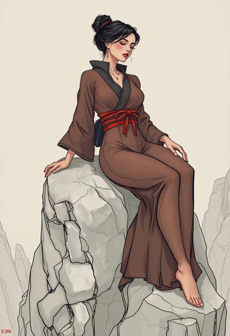 A woman in a vintage kimono-meets-spacesuit design, posed in a classical reclining posture on a crystalline rock, elongated figuration, sensual surrealism, sci-fi manga aesthetic, expressive linework, stylized anatomy, futuristic settings, soft muted palettes with bold accents, introspective characters, romantic alienation, art nouveau influence, asymmetrical beauty, retro-futuristic elegance, emotional nuance in fantastical environments