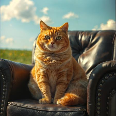 cinematic still A plump, vibrant orange tabby cat with a distinctive crossed cheek scar, its soft fur slightly ruffled, sits comfortably cross-legged in a worn, polished black leather armchair. The cat's bright, inquisitive green eyes gaze directly ahead, its nose slightly upturned, giving it an air of confident nonchalance. The warm, sun-drenched background feature a lush, emerald green grassy field, dotted with a few wildflowers, stretching out to a clear blue horizon, with a few puffy white clouds drifting lazily across the sky, imbuing the scene with a sense of relaxed, joyful tranquility.