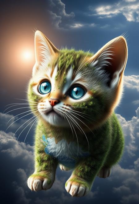 "Hyper-realistic depiction of a kitten crafted entirely from the planet Earth, with continents, oceans, and cloud formations forming its adorable features. The kitten's fur is composed of lush green forests, rolling hills, and vast deserts, while its eyes are two shimmering oceans. The nose is a tiny mountain range, and the whiskers are wispy cirrus clouds. The kitten's body is a perfect miniature replica of the Earth's geography, complete with tiny islands and sea currents. Floating mid-air next to the kitten is the sun, shining brightly and casting a warm glow on the feline's terrestrial form. The sun's rays illuminate the kitten's features, highlighting the textures and patterns of the Earth's surface. Style: extremely detailed, hyper-realistic, and photorealistic, with a focus on capturing the intricate textures and patterns of the Earth's surface and the kitten's adorable expression."