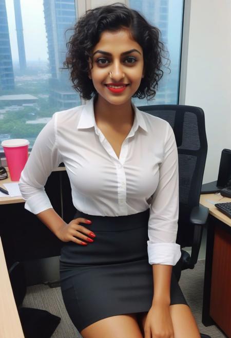 cute indian girl, curly short hair, dusky skin, sweat, wet hair, wet body, white shirt black pencil skirt, full body view, very sweaty body, selfie, full body view from selfie, milf, showing very busty boobs cleavage, visible breast, sitting, in office, day time, eyes open, wet red lipstick, black eye kajal mascara,  dimple smile