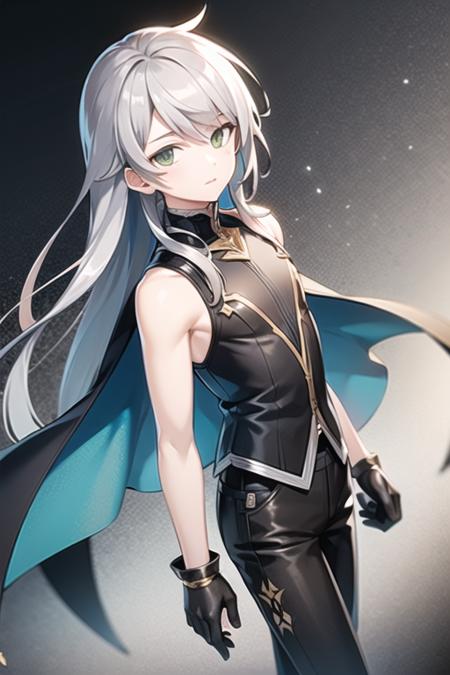 <lora:Ain-05:0.5> , ain, solo, long hair, looking at viewer, gloves, 1boy, closed mouth, green eyes, standing,  grey hair, male focus, sleeveless, cape, sleeveless shirt, black pants, black background, toeless legwear