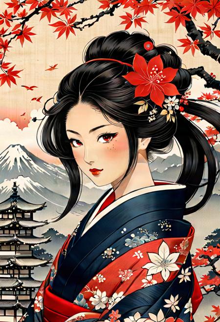 {{{Ukiyo-e_style}}},{{flat_style}},{simple_colors},{{{masterpiece}}}, {katsushika_hokusai},long_hair,hair_flower,{{black_hair}},red_eyes,red_sky,{chinoiserie},{{{best_quality}}},kimono,{{ultra-detailed}},{illustration},Maple_leaves_flying,{{1girl}},{{{solo}}},{{an_extremely_delicate_and_beautiful}},blank_stare,close_to_viewer,{breeze},{Flying_splashes},{Flying_petals},wind,{Gorgeous and rich graphics}