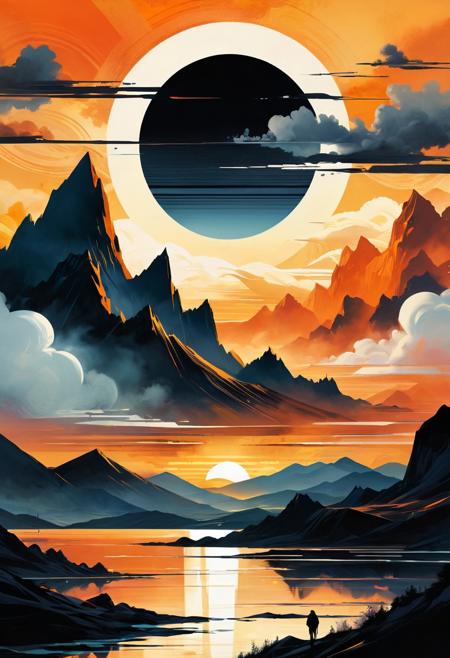 futuristic sci-fi ink painting, cinematic landscape, expressive brushstrokes, geometric natural forms, atmospheric sunset, dynamic movement, calligraphic sky, traditional ink realism, digital abstraction, monochromatic contrast, soft gradients, stylized clouds, glowing sun, mountain silhouettes, futuristic nature aesthetic, organic geometry, visual poetry, surreal realism