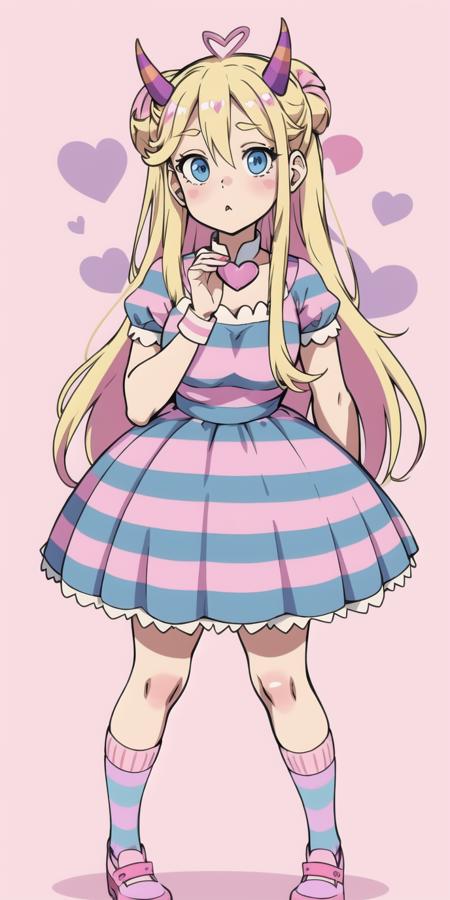 Blonde hair, pink horns, blue eyes, heart-shaped cheek marks, striped dress (pink, blue, and purple), <lora:Star_Butterfly:1>, striped socks, standing, hearts in the cheeks