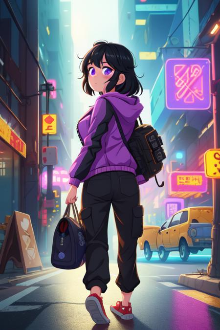 (best quality, high quality:1.3), hires, masterpiece, highly detailed, cg, reflections, ray tracing, lens flare, cinematic lighting, cinematic bloom, rule of three, vanishing point, intricate details, cyberpunk, city neon lights, street, night, dystopian, 1girl, beautiful, messy black hair, breast, purple jacket and baggy pants, looking back, walking, close up, from bottom