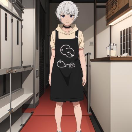 YuiShiromaru,1littlegirl, white hair, choker, apron,hoodie,short sleeves, shorts, slippers,