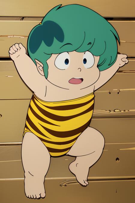 (Realistic:1.5) full body shot, solo, blue eyes, 1boy, swimsuit, male focus, green hair, horns, barefoot, pointy ears, strapless, frown, parody, aged down, animal print, oni horns, oni, retro artstyle, style parody, tiger print, male child, chibi, outstretched arms, A dark, eerie cave filled with hidden dangers and mysterious creatures., <lora:EdobUruseiYatsuraTen_v1.0:0.8>