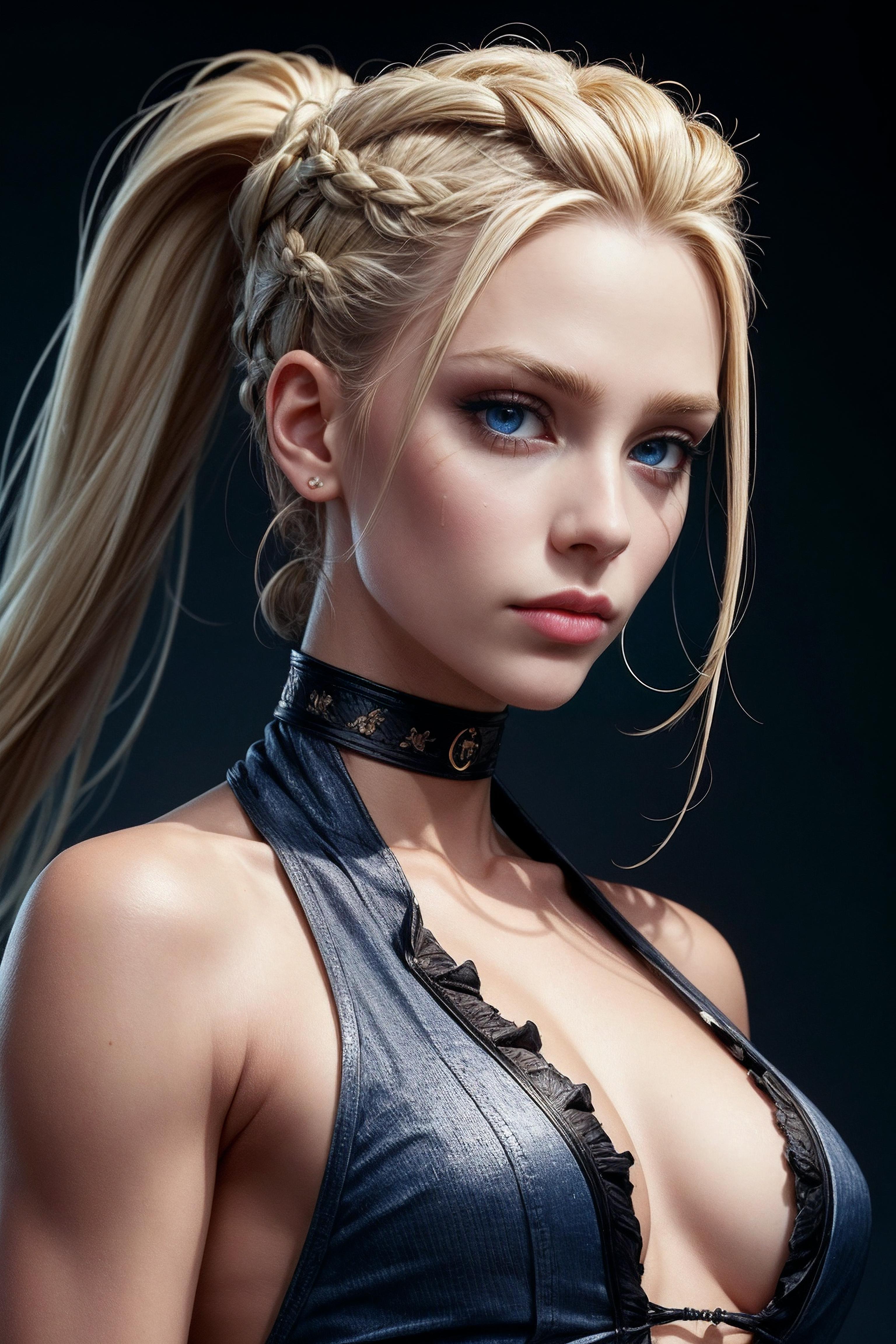 A young blonde woman wearing a corset, leather jacket, and ponytail.