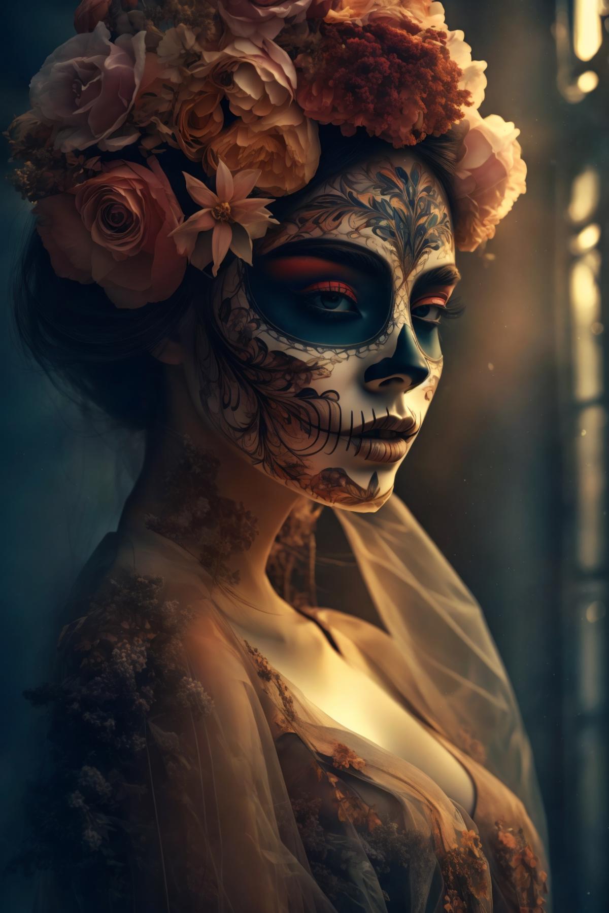 A woman with a sugar skull face tattoo wearing a white veil.