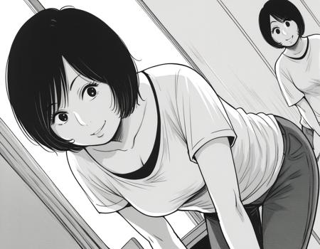 takakoyoshida, <lora:takako-yoshida-manga-ponyxl-lora-nochekaiser:1>, takako yoshida, short hair, monochrome, greyscale,