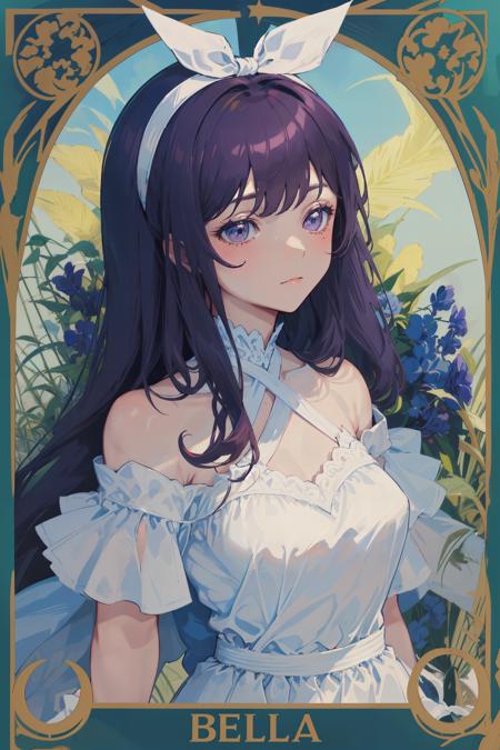 ((masterpiece:1.2, best quality)), 1girl, solo, dark purple hair, long hair,  (art nouveau:1.4), (tarot:1.3), alphonse much,sideburns,dress,white dress,bare shoulders,off shoulder, upper body, <lora:BellaV1:0.7:MIDD>,white bow hairband,