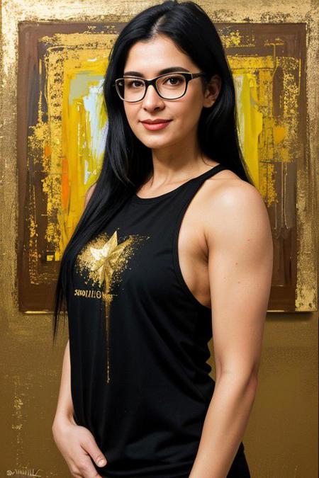 Oil painting style art abstract impressionism painting with rough brush strokes, masterpiece, best quality, a long black haired, 50yo woman ral-lnrnwyr,glasses, a gold T-shirt, minimalist background with vibrant color splashes, looking at viewer, intricate details, solo, upper body, 3d render, cinematic lighting, detailed, volumetric, made of ral-lnrnwyr <lora:ral-lnrnwyr-sdxl:1>
masterpiece, epiCRealism, realbodiez