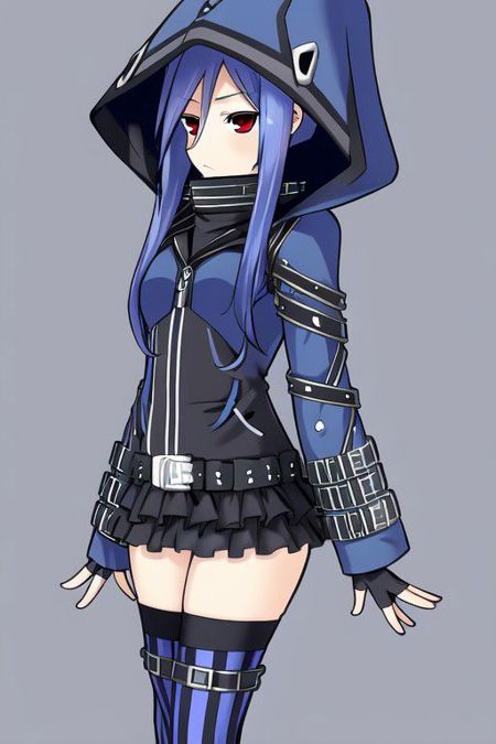 ethel blue hair long hair red eyes hooded jacket short dress striped clothes fingerless gloves sleeves past wrists belt thigh strap striped thighhighs boots