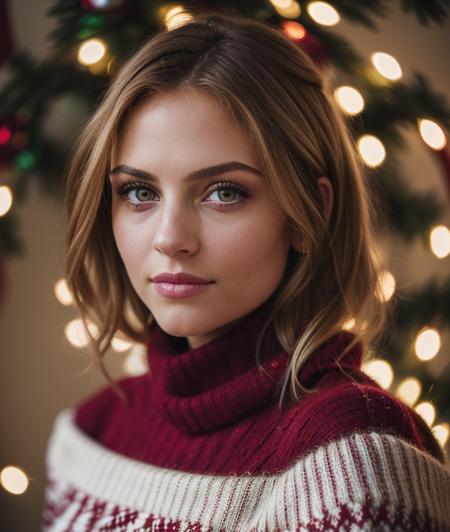 l3nk8 , close portrait photo, RAW, Christmas environment, Spectacular light, Christmas decorations, Festive, Christmas sweater Turtleneck, Colorful flowering, 8k, soft lighting, high quality, film grain, Olympus OM1 sharp focus, f 3.4, (eyeliner), (seductive pose), breast, Christmas theme,  smile