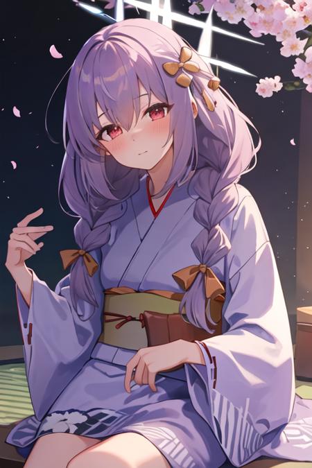 best quality, masterpiece, highres, solo, {yukata:1.40}, {kimono:1.20}, {atsuko_bluearchive:1.15}, long_hair, red_eyes, purple_hair, bangs, braid, twin_braids, halo, blush, hair_between_eyes, bow, low_twin_braids, hair_bow, closed_mouth