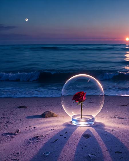 waning moon. flowers roses, stones transparent and diamond crystal in water, on the beach, fantasy, smoke , photo, HD, 8K ,