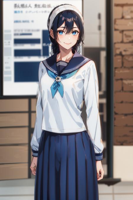 1girl, AmanaiRiko, skirt, solo, school_uniform, blue_skirt, pleated_skirt, serafuku, long_sleeves, shirt, sailor_collar, looking_at_viewer, cowboy_shot, white_shirt, standing, blue_sailor_collar, arms_at_sides, closed_mouth, hair_between_eyes, smile, bangs, letterboxed, neckerchief  <lora:chara_AmanaiRiko:0.8>