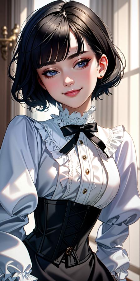 ((Masterpiece, best quality)),edgQuality,smirk,smug,  bob cut,
edgCT, a woman in a blouse, puffy sleeves,wearing edgCT,chic top ,ribbon,((corset))
 <lora:edgChicTops1:1>