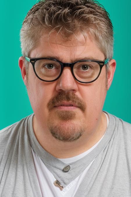 headshot of phill jupitus, plain bright pastel background, white shirt <lora:PhillJupitusLora:1>