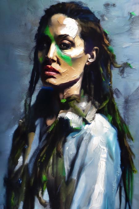 a painting by mse,  a award winning photo of Angelina Jolie posing in a dark studio,  rim lighting, two tone lighting,   low key, photograph, delicate features, beautiful face, dreadlocked hair, long bangs, long ponytail, bright blue-green eyes,  sharp focus,