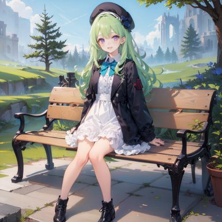 <lora:ennafol_v2:.7>,1girl,solo,best_quality,masterpiece,purple_eyes,very_long_hair,blue_rose,coat,dress_shirt,black_jacket,frills,collared_shirt,forest,outdoors,beret,black_headwear,blue bowtie, long_sleeves,collared,smile,:D,open_mouth,((open_clothes)),(center_frills),frilled dress,arms behind back,beret,ennafol,black_jacket,coat, open jacket,generaloutfit,white dress, flat chest,looking at viewer, full body, sitting,forest,trees,blue_sky,bench,green hair,