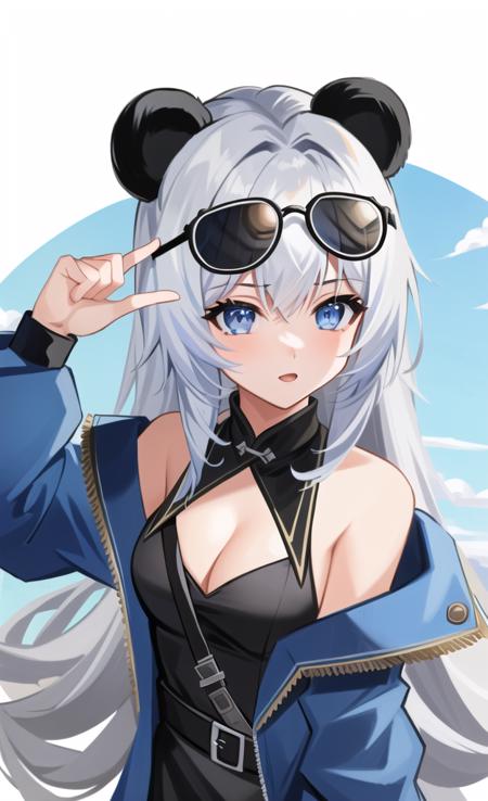 solo, (((masterpiece, best quality))) ,  (from above), <lora:Dousha1:0.9>, shadow_lee, Li Dousha, bangs, blue_eyes, eyewear_on_head, hair_between_eyes, long_hair, jacket, sunglasses, 1girl, [cleavage, small breasts, white hair, panda ears,streaked hair, blue hair, goggles, indoors],