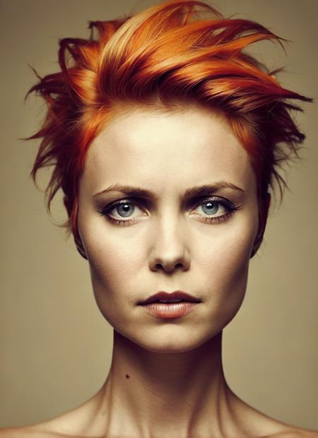 portrait of sks woman by Flora Borsi, style by Flora Borsi, bold, bright colours, orange Mohawk haircut, ((Flora Borsi)), <lora:locon_radha_v1_from_v1_64_32:1.3>