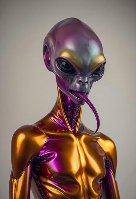 abstract male alien model in latex shiny full body outfit  avant-garde style with reflective gold and purple bold Color Scheme   He has a small nose and slim mouth with a long tongue