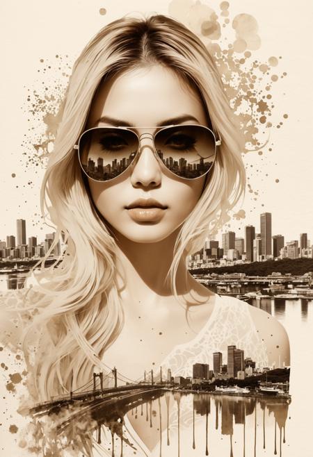 A bold inkplash-meets-watercolor wash artwork, expertly painted on rice paper using rich sepia, burnt henna, and ink-black hues. an advanced sci-fi cityscape, with gleaming towers and skyscrapers, clear sky double exposure, crisp lines, Osaka cityscape below and to side of closeup portrait of stunning  Japanese woman, blonde loose hair, mirrored aviator sunglasses