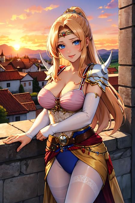 rosafarrell shoulder armor, circlet, cleavage, cape, camisole, clothes around waist, white pantyhose