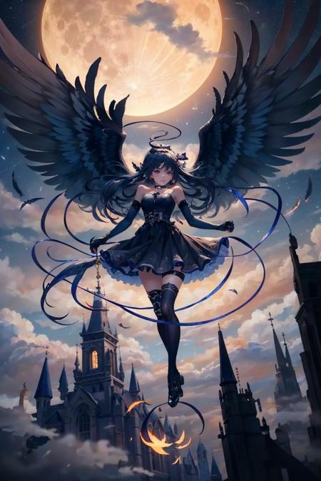 (masterpiece:1.3),(best quality:1.2),8k,absurdres,unity 8k wallpapper,(extremely detailed:1.3),highestres,
landing, wings, 1girl, solo, long hair, looking at viewer, black hair, thighhighs, gloves, dress, bow, ribbon, holding, bare shoulders, very long hair, closed mouth, purple eyes, full body, hair ribbon, hair bow, outdoors, sky, choker, black gloves, elbow gloves, cloud, black footwear, black dress, red bow, red ribbon, zettai ryouiki, night, floating hair, moon, feathers, staff, star (sky), night sky, feathered wings, full moon, black wings, argyle, argyle legwear, black feathers,(mist:1.3),froest,tree,<lora:landing-10:1>,<lyco:miniatureV2-09:1>, miniature,